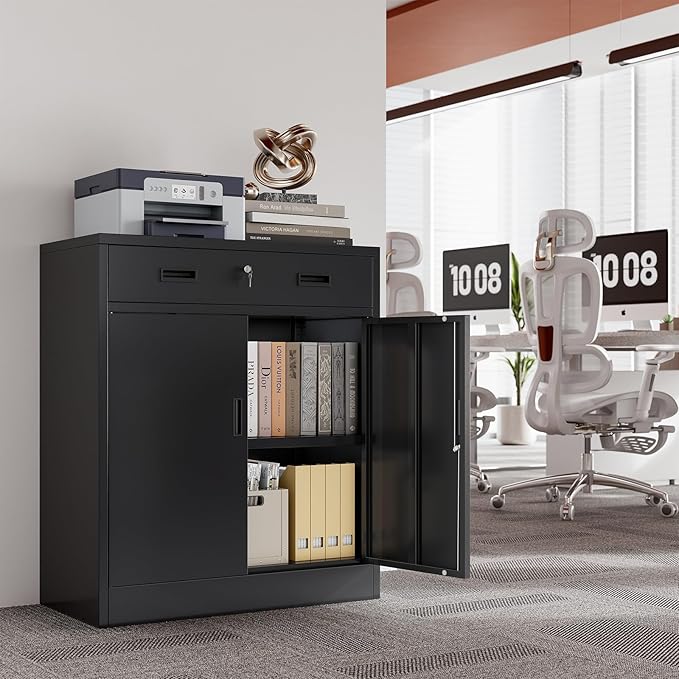 CJF Metal Storage Cabinet, Locking Storage Cabinet with 1 Drawer and Adjustable Shelf, 36" H x 28" W x 16" D Metal Cabinets for Office, Home, Garage -Black