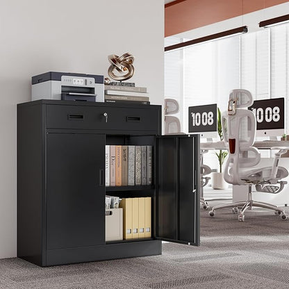 CJF Metal Storage Cabinet, Locking Storage Cabinet with 1 Drawer and Adjustable Shelf, 36" H x 28" W x 16" D Metal Cabinets for Office, Home, Garage -Black
