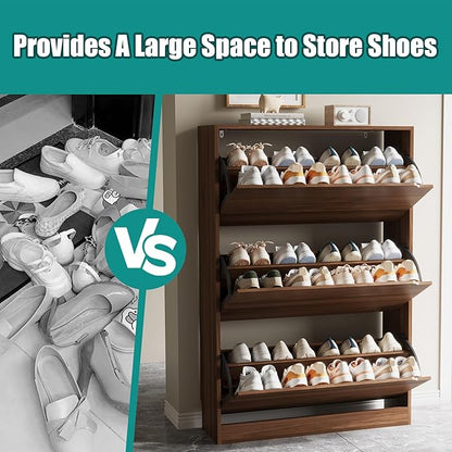 Shoe Storage Cabinet for Entryway with 3 Flip Drawers, Sturdy Wood Hidden Shoe Storage, Freestanding Narrow Slim Shoe Organizer for Front Door Entrance, Living Room, Hallway, Bedroom, Walnut