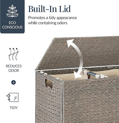 Best Choice Products Large Double Laundry Hamper with Lid, Natural Handwoven Water Hyacinth, 2 Sections w/ 2 Machine Washable Linen Liner Bags, Portable, Handles - Gray