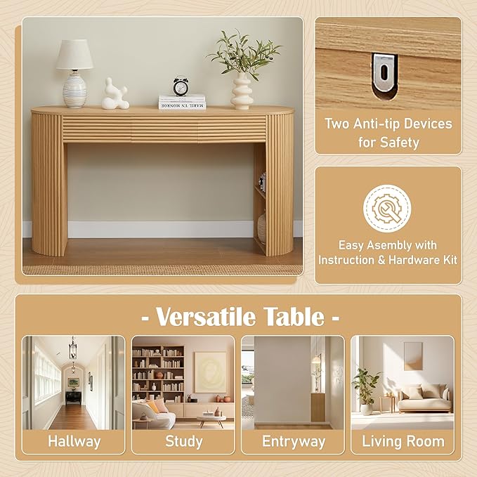 Retro Console Table with Storage, Rounded Console Table with 3 Drawers and 1 Table-Leg Niche, Round Slat Aesthetic for Entryway, Living Room, Hallway (Nature-X306)