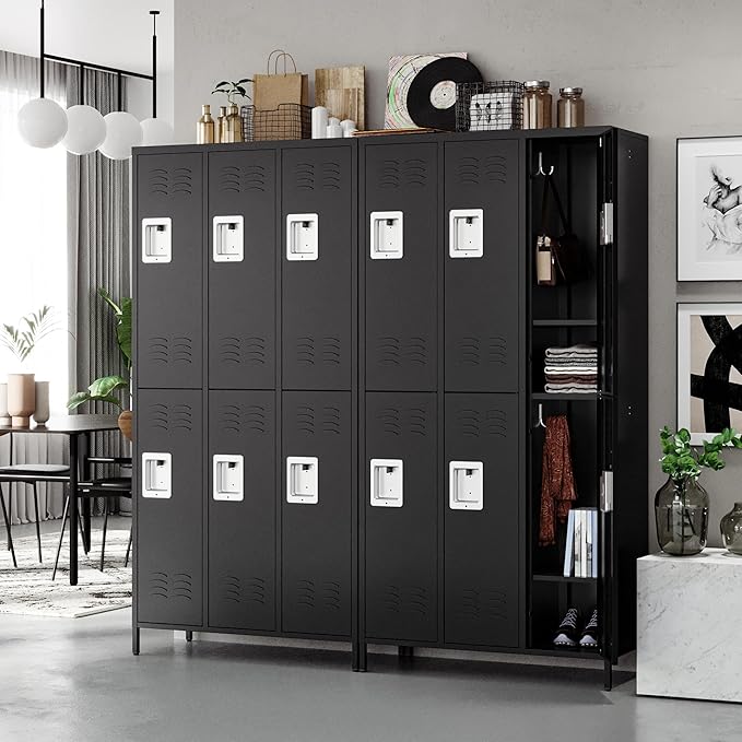 Letaya Metal Lockers for Employees-6 Door Storage Locker with Shelves and Lockable Steel Cabinet for School,Gym,Office,Staff(Black, 6 Door)