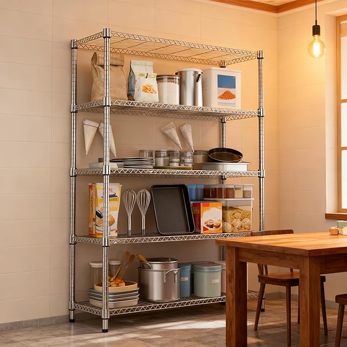 1750LBS 47.2" W 5 Tiers Shelf Steel Storage Shelves Metal Shelving Unit Steel Organizer Wire Rack for Home,Kitchen,Office,Garage Chrome 17.7" D x 47.2" W x 72.4" H