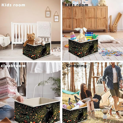 William Morris Inspired Dark Wildflower Black Cat Storage Bin Box with Handles,Cottagecore Floral Botanical Cat Foldable Organizer Basket Toybox for Room Bedroom Bathroom Clothes Toys Books