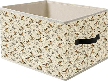 Winter Christmas Sparrow Bird Storage Bin Box with Handles, Rustic Birds Botanical Holiday Winter Christmas Foldable Organizer Basket Toybox for Home Bedroom Bathroom Clothes Toys Books