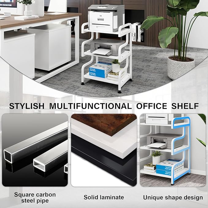 Natwind 3-Tier Printer Stand with Wheels Movable Storage Cart Floor-Standing Multi-Purpose Shelf Rack for Media Player Scanner Files Books Microwave Oven in Kitchen Living Room Home Office (White)