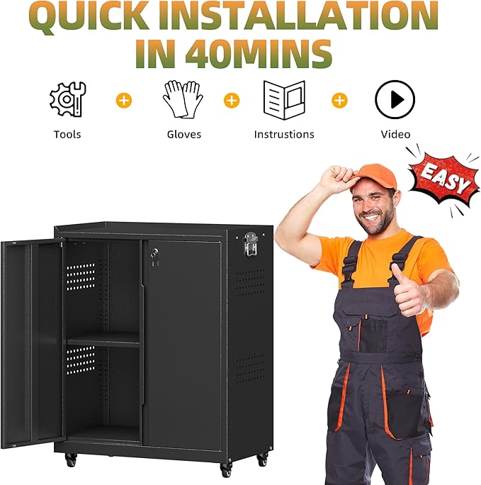 Garage Storage Cabinet with Wheels, Metal Storage Cabinets for Hanging Tools, Rolling Tool Cabinet, 34''H Heavy Duty & Rust Resistant Storage Cabinet for Garage, Warehouse, Office