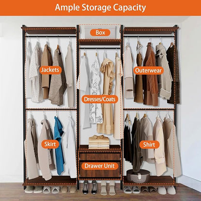 Wall-Mounted Steel & Wood Closet Organizer System with 4 Adjustable Shelves, 5 Hanging Rods, and 2 Drawers – Modern Open Wardrobe, Walnut