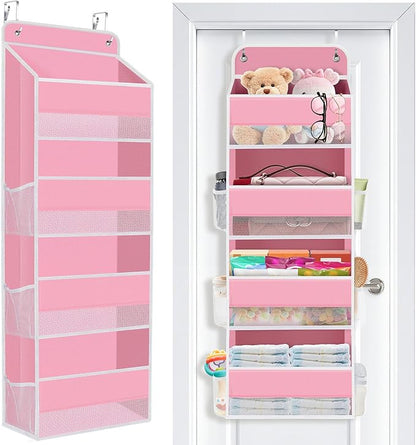 SpaceWhisper Over the Door Organizer, 4 Large Pocket Hanging Storage Organizer with 40lb Capacity, Space Saving for Nursery, Bathroom, Bedroom, Closet - Baby Essentials & Toiletry Organizer (Pink)