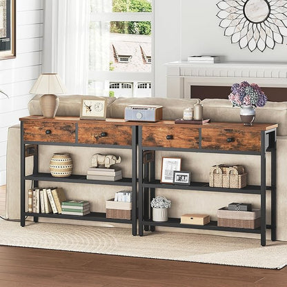 HOOBRO 29.5" Narrow Console Table with Power Outlet, Small Entryway Table with 2 Fabric Drawers, Behind Couch Table Sofa, 3-Tier Storage Shelves, for Living Room, Hallway, Rustic Brown BF72UXG01