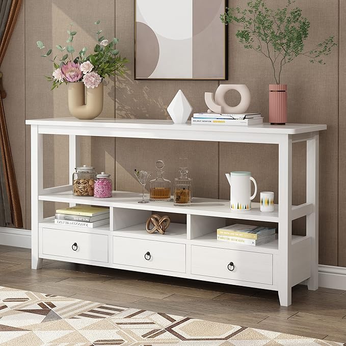 VINGLI 58" Console Table, Long Entryway Table with 3 Drawers & 2 Storage Shelves, Vintage Sofa Table Behind Couch, TV Stands for Living Room, Entryway, Hallway, Foyer, Office, White