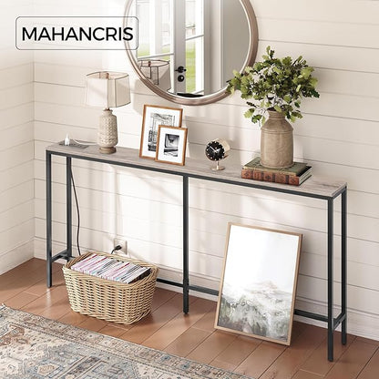 Skinny Console Table with Power Outlets, 63" Narrow Sofa Table, Behind Couch Table with Charging Station, Sofa Hallway Table for Plants, Living Room CTHG165E01