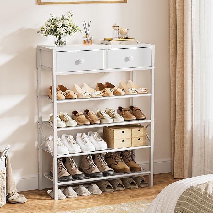 Shoe Rack for Entryway, 5 Tier Shoe Organizer with 2 Non-Woven Drawers, Metal Storage Shoe Shelf for 16-20 Pairs of Shoes, with Wooden Top and Steel Frame, Shoe Stand for Closet Greige