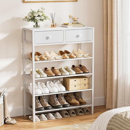Shoe Rack for Entryway, 5 Tier Shoe Organizer with 2 Non-Woven Drawers, Metal Storage Shoe Shelf for 16-20 Pairs of Shoes, with Wooden Top and Steel Frame, Shoe Stand for Closet Greige