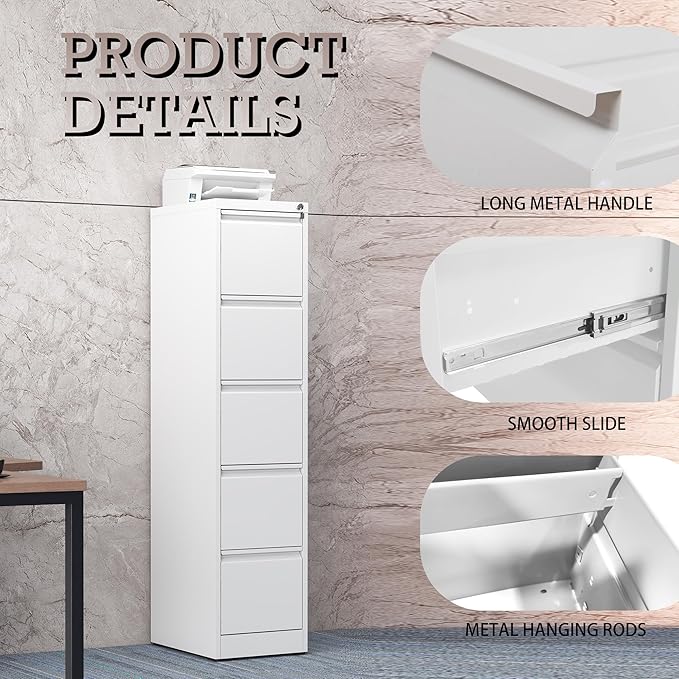 5 Drawer Vertical File Cabinet with Lock, Metal Filing Cabinets for Home Office, Heavy Duty File Storage Cabinet for Legal/Letter/A4 Documents, Easy to Assemble, White