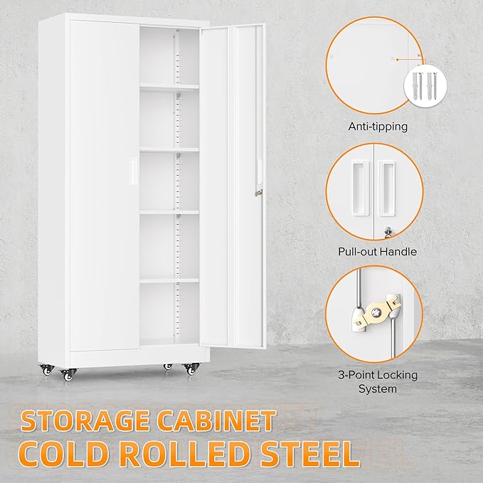 Bonusall 72" Metal Garage Storage Cabinet with Wheels, 2-Door Steel Locking Cabinet with 4 Adjustable Shelves, Heavy Duty Rolling Utility Cabinets for Warehouse, School - White