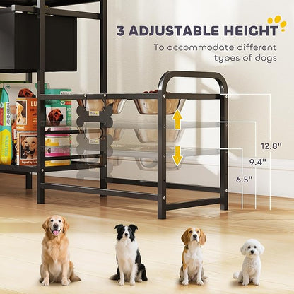 PawHut Dog Bowl Stand with 2 Feeding Stations, 3 Height Adjustable Elevated Dog Bowls with Toy Bin Basket, Lifted Food and Water Bowl, Pet Storage Organizer for Small, Medium, Large Dogs, Black