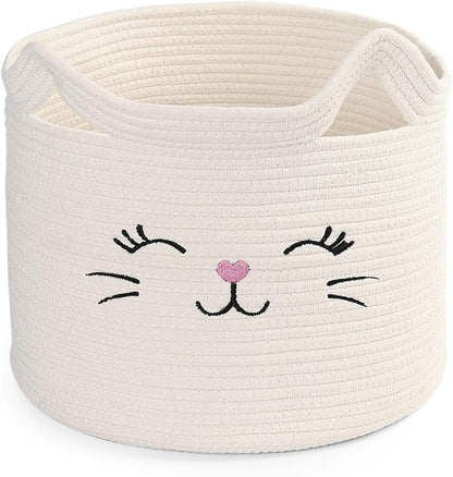 LotFancy Cat Toy Organizer, Cotton Rope Animal Basket with Handle, Cat Toys Storage Bin for Pets, Cute Woven Containers Holder for Playing Room, Kids Bedroom, 15.7x13''(H)