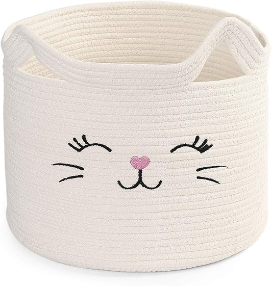 LotFancy Cat Toy Organizer, Cotton Rope Animal Basket with Handle, Cat Toys Storage Bin for Pets, Cute Woven Containers Holder for Playing Room, Kids Bedroom, 15.7x13''(H)