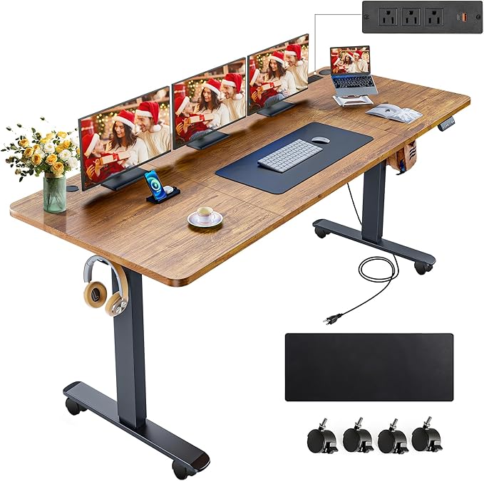 farexon Electric Standing Desk 71 x 28inch with Outlets,Rolling Stand up Desk with Oversized Mouse Pad, Wheels,3 USB Ports & 3 Power Outlets,4 Preset Heights Easy to Set for Home Office(Brown)