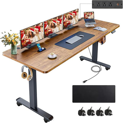 farexon Electric Standing Desk 71 x 28inch with Outlets,Rolling Stand up Desk with Oversized Mouse Pad, Wheels,3 USB Ports & 3 Power Outlets,4 Preset Heights Easy to Set for Home Office(Brown)