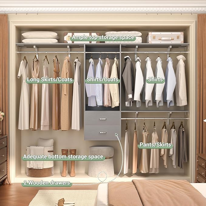 Cyclysio 8 FT Hanging Closet Organizer System, 96 Inch Closet System with Drawers, Walk in Closet System with 4 Adjustable Rods and 3 Shelving Towers for 4-8FT Spaces(Cut-to-Fit), Gray