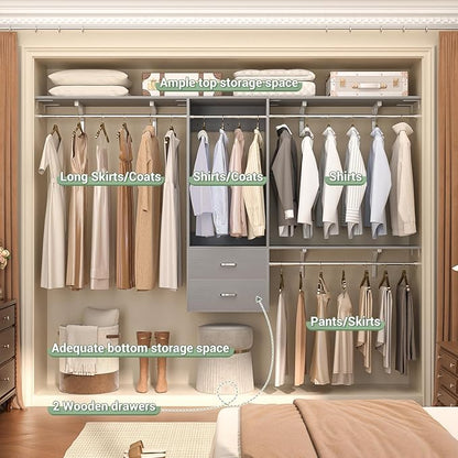 Wood Closet System, 4-8ft Closet Organizer System with 2 Wooden Drawers, Walk-in Wardrobe Clothes Rack with 4 Hanging Rods for Bedroom,Living Room,Grey
