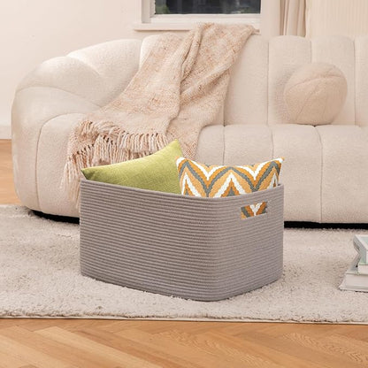 OIAHOMY 75L Large Blanket Basket, Woven Blanket Storage Basket with Handle, Cotton Rope Basket for Organizing 22”x17”x12”, Blanket Basket living Room, Toy Basket for Nursery, Grey