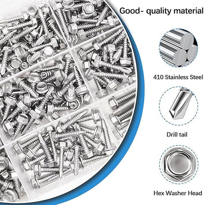 mxuteuk 390PCS Self Tapping Screws,410 Stainless Steel Self Tapping Screws for Metal,#8,#10,#12 Self Drilling Screws,Hex Washer Head Sheet Metal Screws Suitable for Wood, Metal or Tough Materials