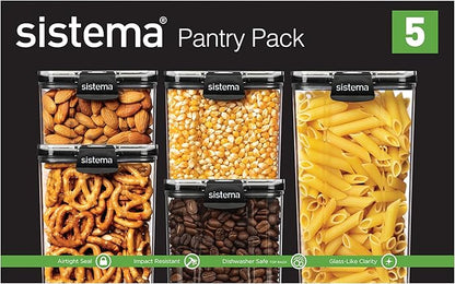 Sistema Ultra Square Airtight Pantry Storage Containers Assorted Capacity Food Storage Solution Stackable Locking Clips BPA-Free Clear with Black Accents 5 Count