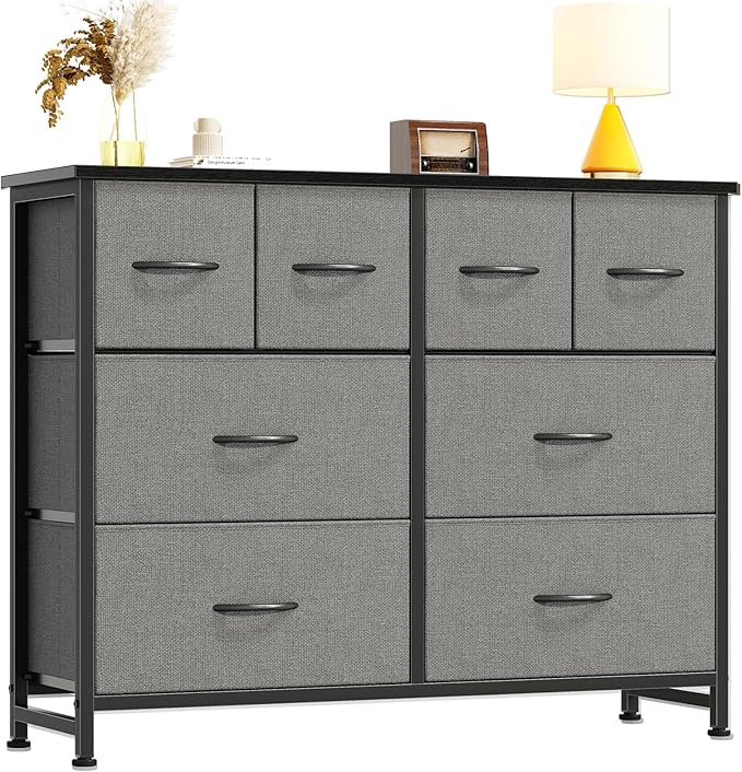 DUMOS TV Stand, Dresser with 8 Fabric Drawers, Spacious Storage Tower for Closet, TV Stand with Wood Top and Mental Frame, Storage Unit for Living Rooms, Bedroom and Entryway, Grey