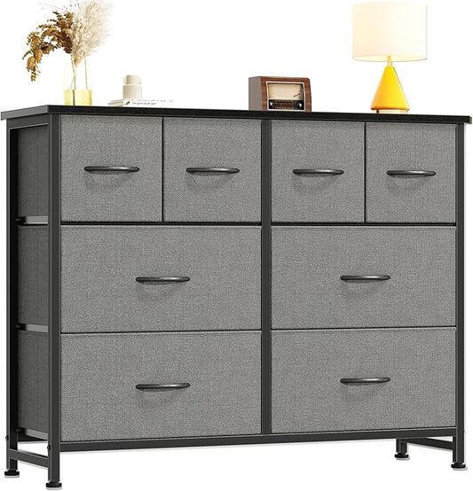 DUMOS TV Stand, Dresser with 8 Fabric Drawers, Spacious Storage Tower for Closet, TV Stand with Wood Top and Mental Frame, Storage Unit for Living Rooms, Bedroom and Entryway, Grey