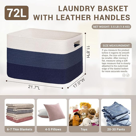 72L Large Laundry Basket with Leather Handles for Living Room Storage, Woven Rope Baskets Bin for Blanket, Kids Toy, Gifts, Wicker Hamper for Bedroom Dirty Clothes, 22"x17"x12" Gradient Blue
