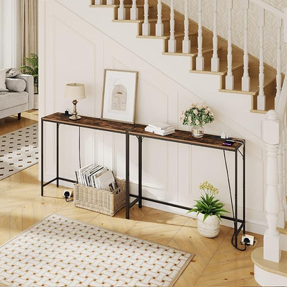 Console Table, Narrow Sofa Table, 43.3” Entrance Table with Power Station, Behind Couch Table, Simple Style, for Living Room, Hallway, Entryway, Foyer, Rustic Brown and Black CTHR112E01