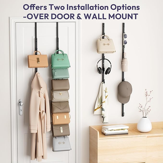 SWTYMIKI Over The Door Purse Organizer - 2 Packs Wall Mounted Purse Rack with 8 Hooks Design, Hanging Handbag Organizer Storage Holds up to 16 Bags, Bag Rack for Closet, Door (Black)