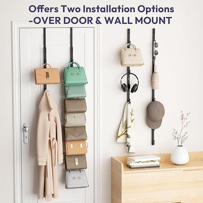 SWTYMIKI Over The Door Purse Organizer - 2 Packs Wall Mounted Purse Rack with 8 Hooks Design, Hanging Handbag Organizer Storage Holds up to 16 Bags, Bag Rack for Closet, Door (Black)