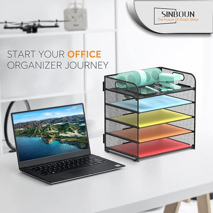 2 Pack Letter Tray 5-Tier Desk Organizer File Paper Holder with Handle, Metal Desktop Document Shelf Tray Office Classroom Organization - Black