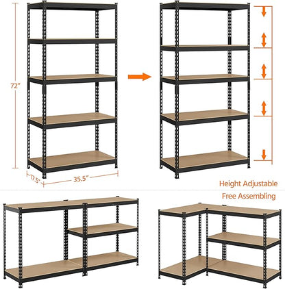 Topeakmart 5-Tier Utility Shelves, Metal Storage Shelves Garage Shelving Unit Adjustable Garage Storage Shelves Storage Racks Heavy Duty Shed Shelving- Black, 35.5 x 17.5 x 72 Inch
