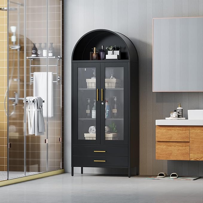 73'' Black Tall Arched Bookcase Cabinet with Glass Doors, Metal Arched Pantry Cabinet with 2 Drawers for Home Kitchen Office,Required Assembly