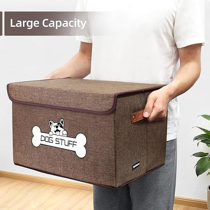 Fabric Dog Toy Box with Lid, Collapsible Storage Bin, Basket Organizer with Handle for Dog Toys, Blankets and Accessories, Coffee