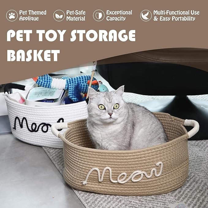 Sea Team Cat Toy Storage Basket with Handles, 16.5 x 11 x 7 Inches, 4.4 Gallons Large Cotton Rope Storage Bin, Shelf Basket, Organizer for Pet Chew Toys, Foods, Beige Meow