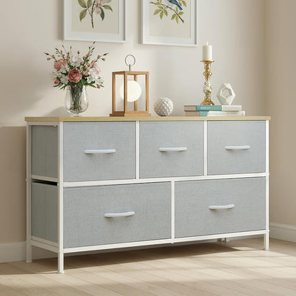 OLIXIS Dresser for Bedroom with 5 Drawers, Wide Chest of Drawers, Fabric Bedroom Dresser with Drawer Organizer, Storage Organizer Unit with Fabric Bins for Closet, Living Room, Hallway, Light Grey