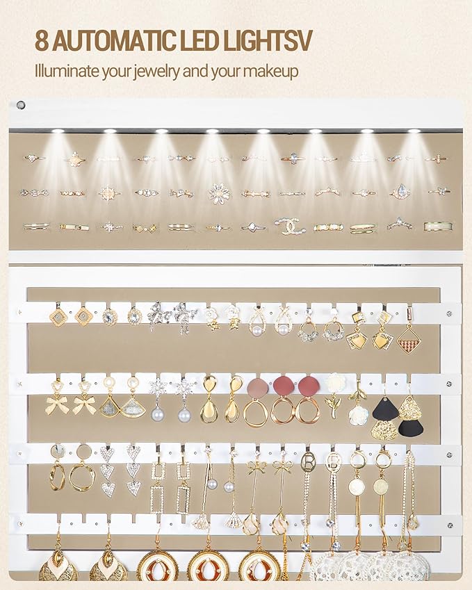8 LEDs Jewelry Cabinet Armoire, 66.9-inch Jewelry Organizer with Garment Rack, Lockable Full-length Mirror with 4 Wheels, Storage Shelves with Hooks, 5-in-1, White and Beige JC17003BE