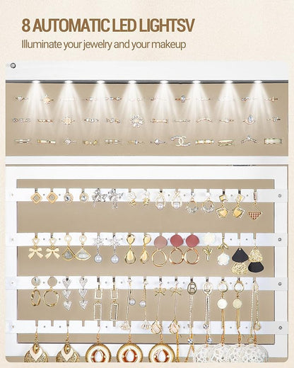 8 LEDs Jewelry Cabinet Armoire, 66.9-inch Jewelry Organizer with Garment Rack, Lockable Full-length Mirror with 4 Wheels, Storage Shelves with Hooks, 5-in-1, White and Beige JC17003BE