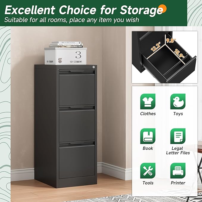 3 Drawer File Cabinet, Metal Filing Cabinets for Home Office, Black Vertical File Cabinet with Lock for Letter/Legal/A4/F4 Size, Assemble Required
