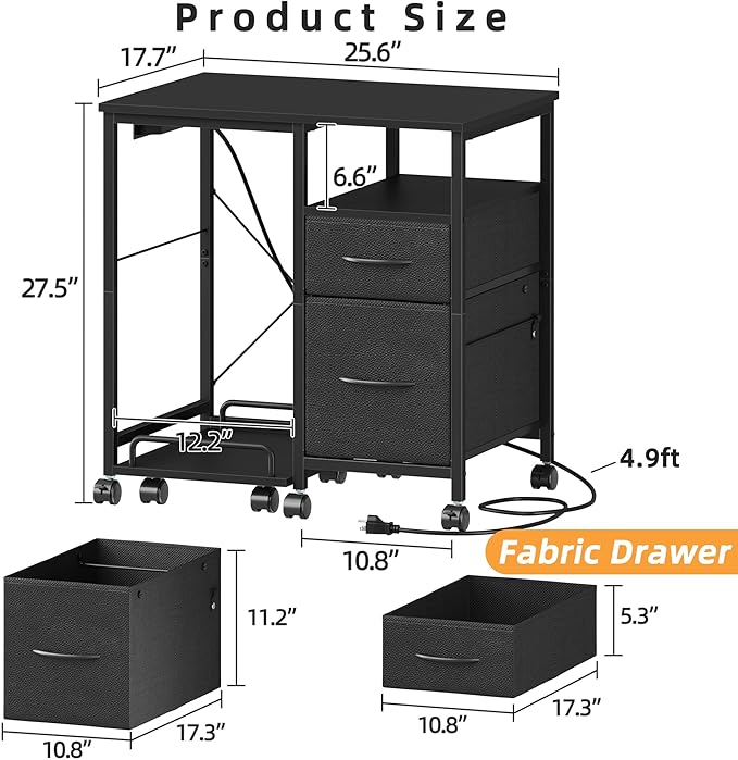 YAOHUOO Printer Stand with Power Outlet/Fabric Drawers, Printer Cabinet with Storage Shelf and Rolling Shredder Stand, Printer Table for Home Office, 25.6"×17.7" Black