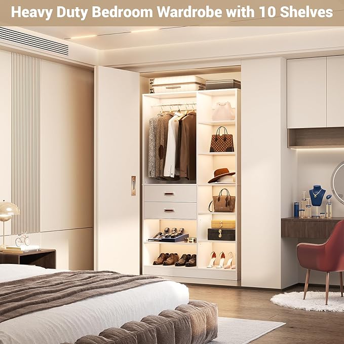 Armocity Freestanding Closet System, 40 Inches Stand-Alone Wardrobe with 10 Shelves, 80'' Height Adjustable Cloth Garment Rack with 2 Wood Drawers, Wood Walk-in Closet with Hanging Rod, White