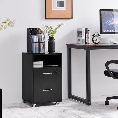 Yaheetech File Cabinet, Under Desk Vertical Cabinet with 2 Drawers and Open Compartment, Printer Stand with Lockable Wheels for A4 Letter Size Hangable File Folders for Home Office(Black)