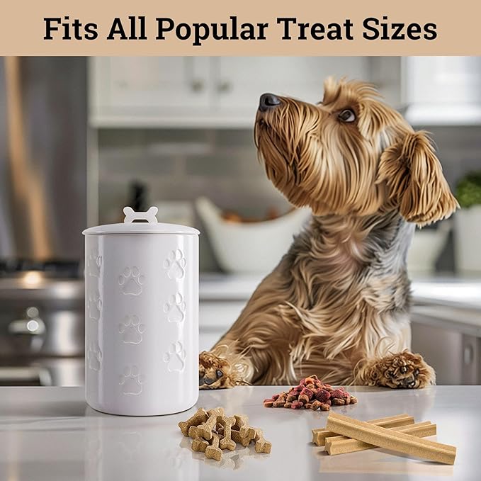 Dog Treat Container Airtight - 5 Inch Wide x 9 Inch Tall Ceramic Dog Treat Jar for Kitchen Counter with Airtight Lid - 7 Cup Capacity Pet Treat Container - Cute Doggie Cookie Jar - Big Treats Canister
