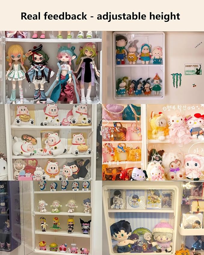 HGYZE Clear Display Case for Figures, 15.75" High, Wall Mounted Shelf with Magnetic Door, Hanging Display Case for Collectibles Action Doll Blindboxes Storage (White, 4-Layer 1 Pack)